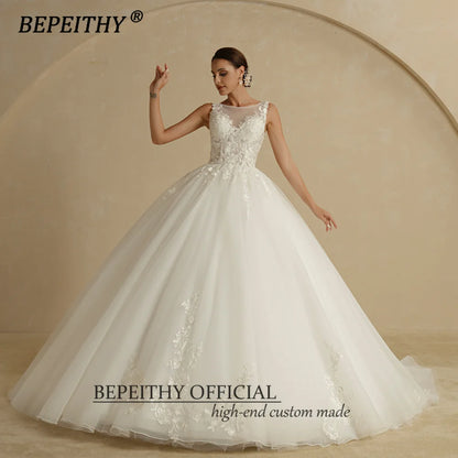 BEPEITHY Scoop Sleeveless Ivory Princess Wedding Dresses 2023 For Women Bride White Lace Vintage Court Train Bridal Ball Gown