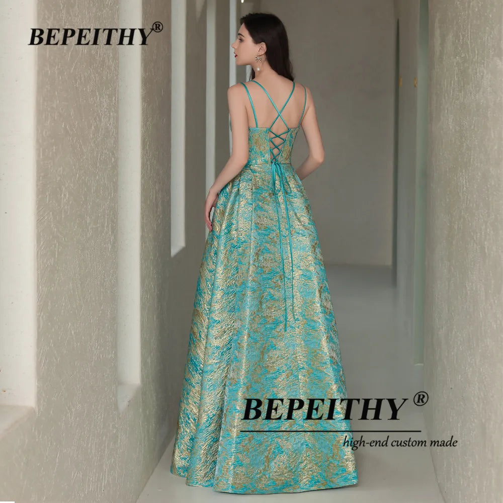 BEPEITHY A-Line Elegant Green Prom Dresses Sleeveless Wedding Party Gown Formal Occasion Floor Length Evening Dress Luxury 2023