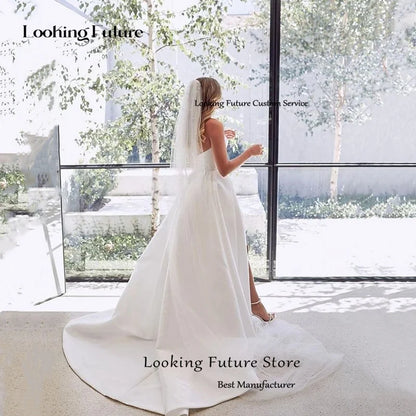 Classic Sheath White Wedding Dress Sleeveless Simple Long Train Sexy Backless Button Beach High Slit Bridal Dress Robe De Mariee