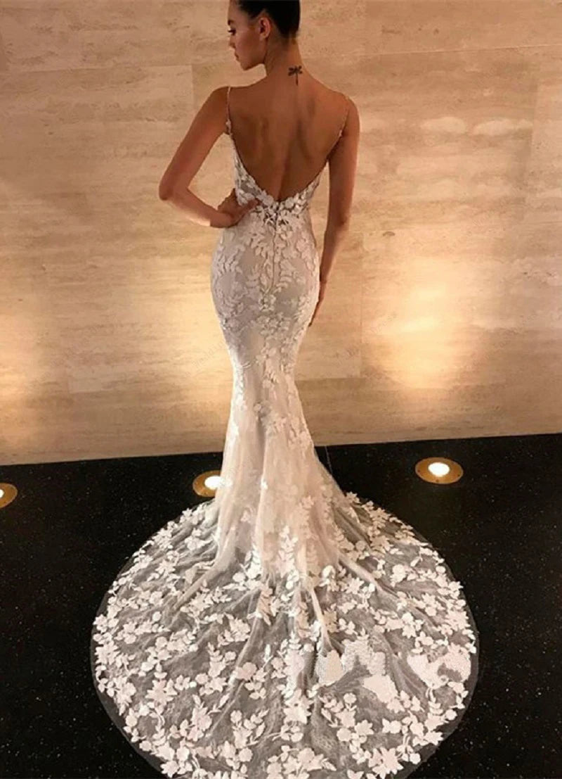 Vestido de novia con apliques de encaje bohemio, vestidos de novia de sirena 2024, tirantes finos, espalda descubierta, vestidos de novia de playa, vestido de novia