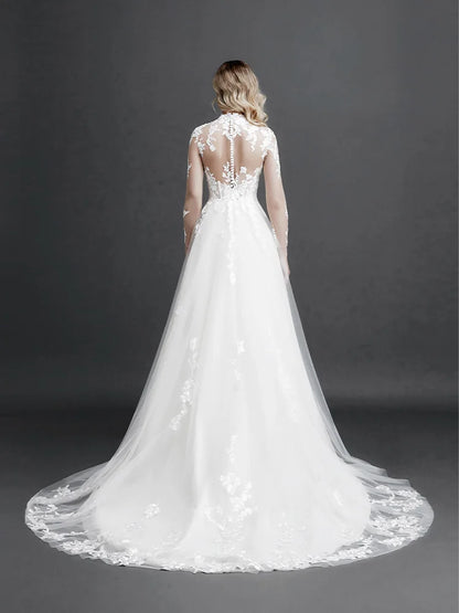 Robe de mariée en dentelle à manches longues pour femme, style bohème rétro, nouvelle collection 2024, fleurs 3D appliquées, robes de soirée élégantes pour bal de fin d'année