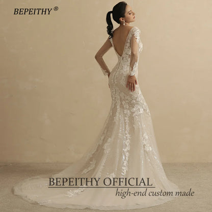 BEPEITHY Mermaid Champange Full Sleeves Lace Wedding Dresses For Women 2022 Bride Summer Sexy Open Back Bridal Boho Party Gown