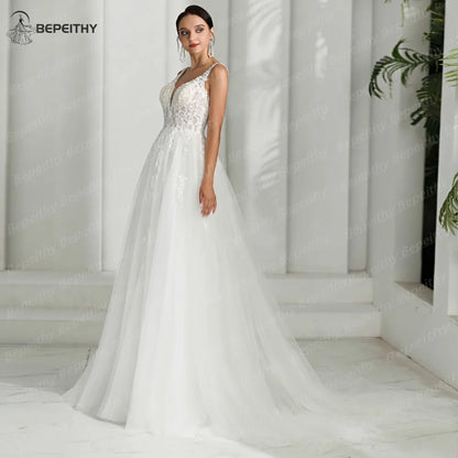 BEPEITHY V Neck Beach Wedding Dresses For Women Sleeveless Backless Sexy Boho Ivory Bride Bridal Gown A Line Vestidos 2024