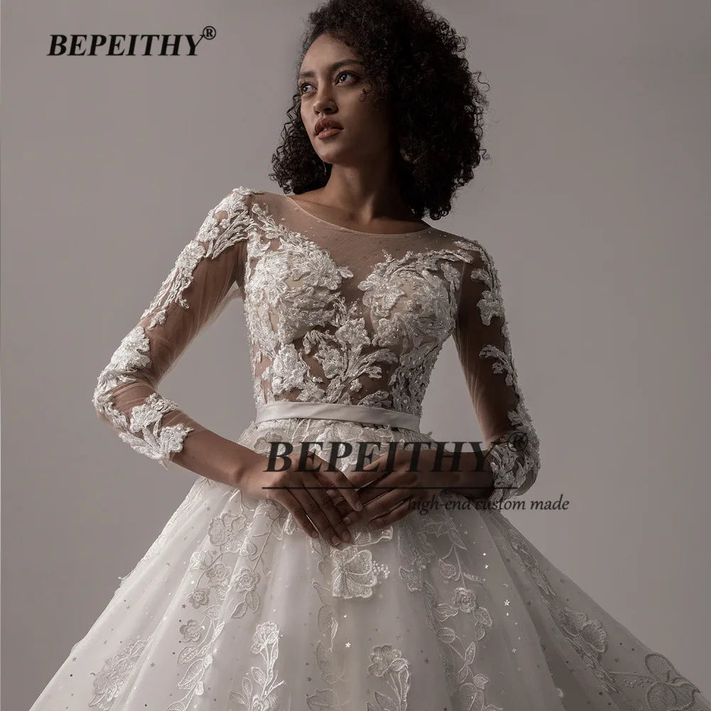 BEPEITHY Robe de mariée à col rond pour femme, en tulle pailleté, manches longues, robe de mariée princesse, robe de mariée exquise