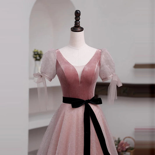 Robe de soirée vintage à col en V et manches courtes, longue robe de bal élégante pour femmes, robe de soirée longue de mariage