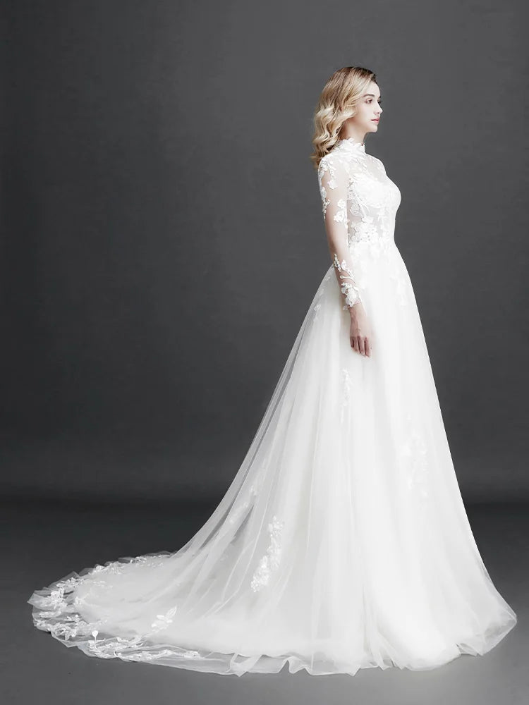 Robe de mariée en dentelle à manches longues pour femme, style bohème rétro, nouvelle collection 2024, fleurs 3D appliquées, robes de soirée élégantes pour bal de fin d'année