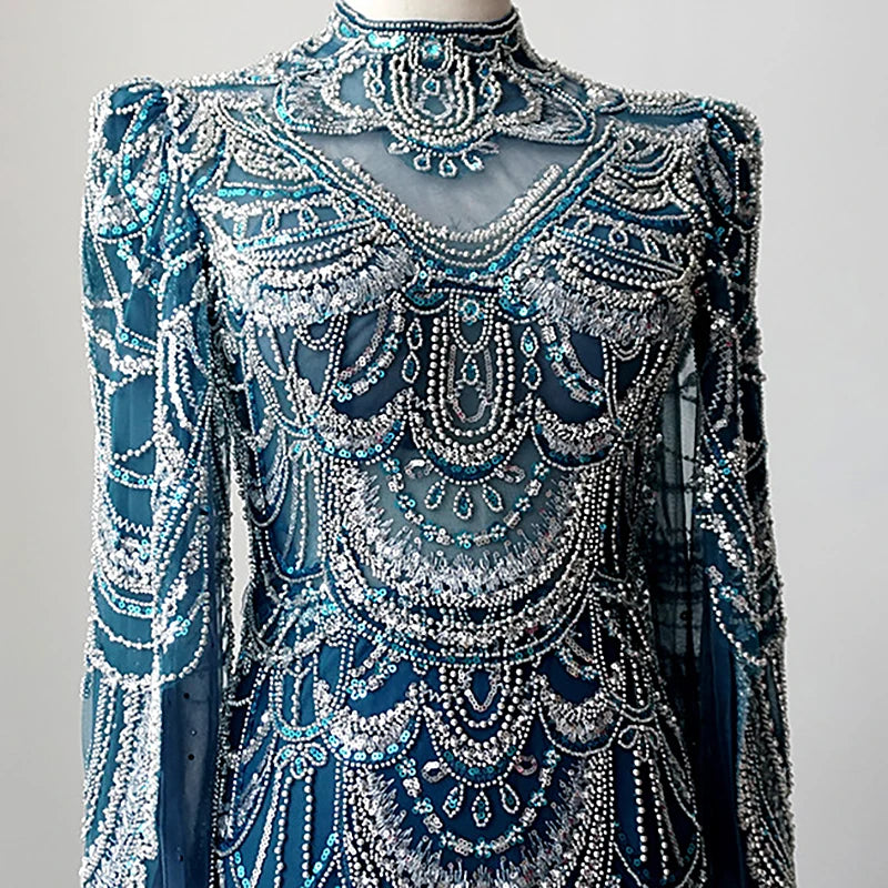 Vente chaude arabe bleu sirène dentelle perlée robes de soirée formelles avec cape pour femme mariage bal robes de soirée LA72033