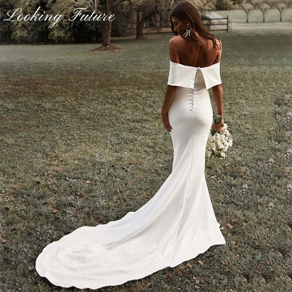 White Off Shoulder Wedding Dresses for Bride Women Mermaid Simple Boho Pleat Bridal Gowns Court Train vestidos de novia