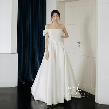 A-line Satin Wedding Dress strapless one-shoulder Short-Sleeve Plus Size For Women Princess Robe de Mariee