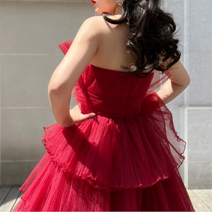 Hot Sale Illusion Burgundy Bridal Boat Neck Evening Dress Sleeveless Sexy lovely Red Color Multilayer Mesh Wedding Dress