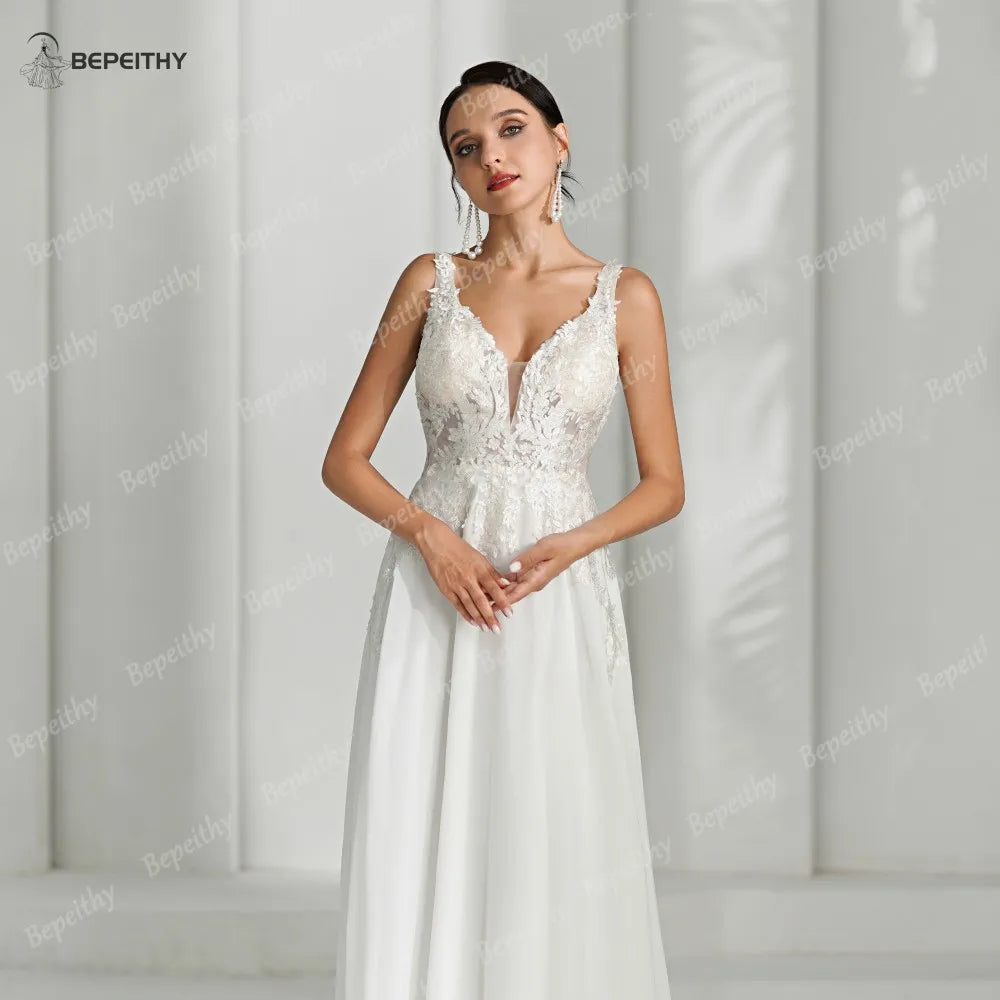 BEPEITHY Ivory Beach Wedding Dresses For Bride Women Sleeveless Chiffon Boho Open Back Sexy Bridal Gown Vestidos De Novia New