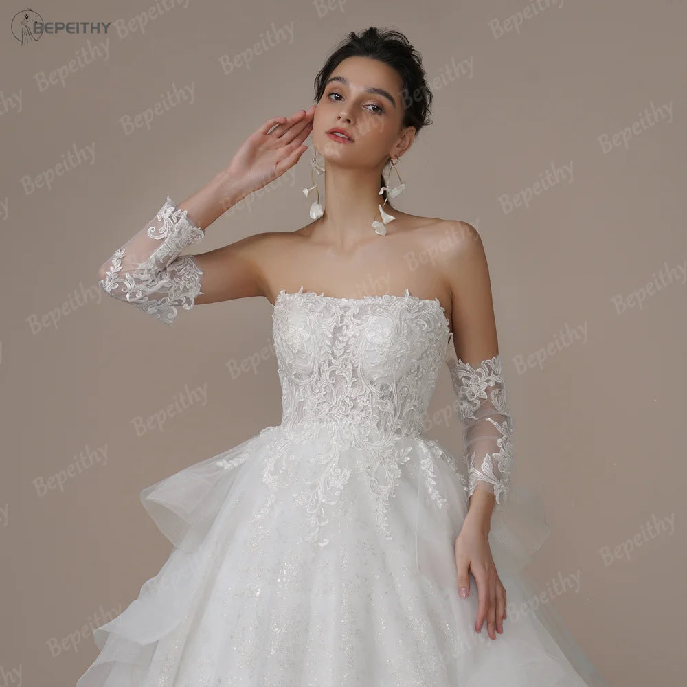 BEPEITHY Strapless A Line Glitter Wedding Dresses For Bride Sweep Train Ruffles Skirt Modern Princess Bridal Gown Ivory 2023 New