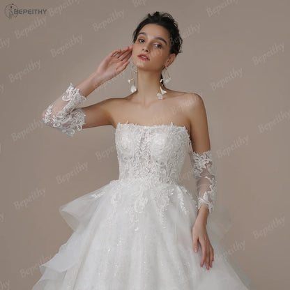 BEPEITHY Strapless A Line Glitter Wedding Dresses For Bride Sweep Train Ruffles Skirt Modern Princess Bridal Gown Ivory 2023 New