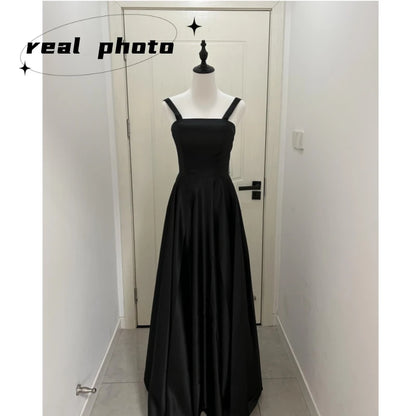 2023 New A Line Wedding Dresses Fashion Spaghetti Straps Floor-length Bridal Dress Black Satin Simple Elegant Vestidos De Novia