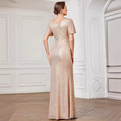 Robe de soirée sexy à paillettes de couleur unie à col en V Robe de soirée élégante Robe de soirée de mariage Robe de demoiselle d'honneur pour femmes Légèrement élastique