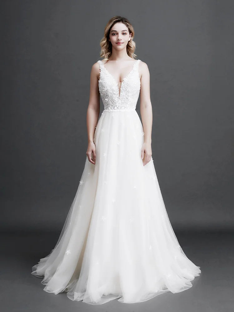 2024 Sexy Tempérament Dentelle Robe De Mariée Femme Col En V Sling Dos Nu Robe De Soirée Romantique Fleurs Applique Perle Robe De Mariée