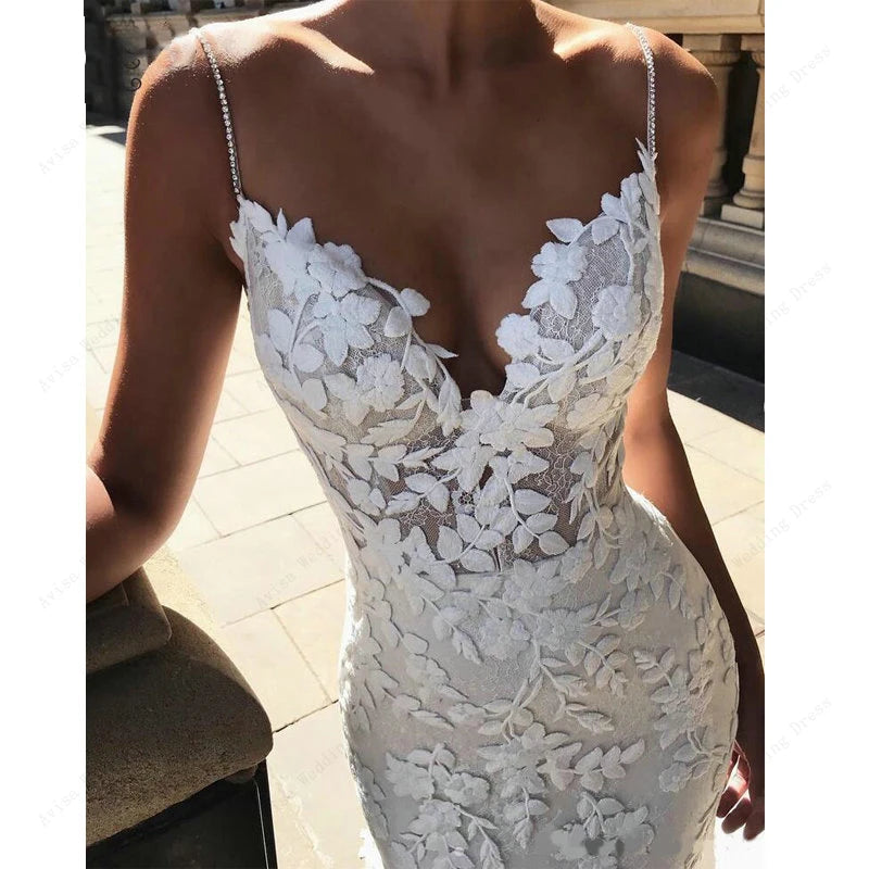 Vestido de novia con apliques de encaje bohemio, vestidos de novia de sirena 2024, tirantes finos, espalda descubierta, vestidos de novia de playa, vestido de novia