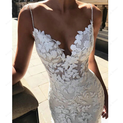 Boho Lace Appliques Wedding Dress Mermaid Bridal Dresses 2024 Spaghetti Straps Backless Beach Bridal Gowns Vestido De Noiva