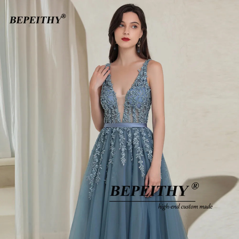 BEPEITHY Élégant Col en V Gris Bleu Longues Robes De Soirée 2022 Fête Sexy Dos Nu Robe De Bal Sans Manches Robe De Soirée Pour Femmes