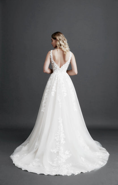 Robe de mariée élégante en dentelle A-Line pour femme, coupe ajustée, col en V, dos nu, robe de mariée, nouvelle collection 2024, robe de soirée avec appliques de fleurs 3D