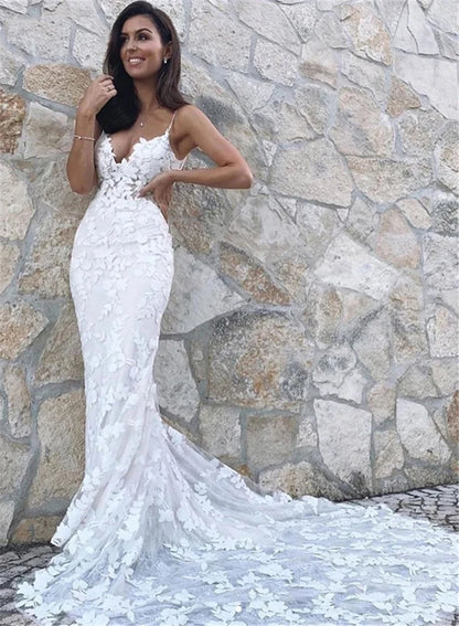 Vestido de novia con apliques de encaje bohemio, vestidos de novia de sirena 2024, tirantes finos, espalda descubierta, vestidos de novia de playa, vestido de novia