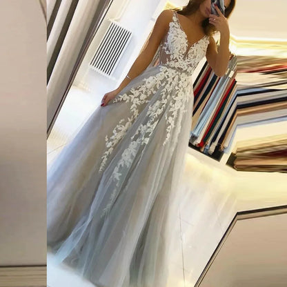 BEPEITHY V Neck Long Prom Dresses 2023 For Women Sexy Gray Summer Backless White Lace Dubai Evening Party  Gown Sleeveless