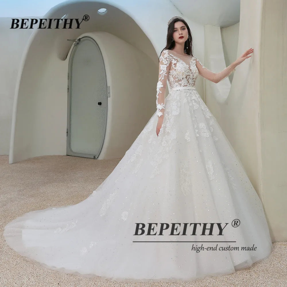 BEPEITHY A-Line Wedding Dresses For Women Full Sleeves Princess Stars Tulle Glitter Bridal Gowns Custom-made Bride Party Dress