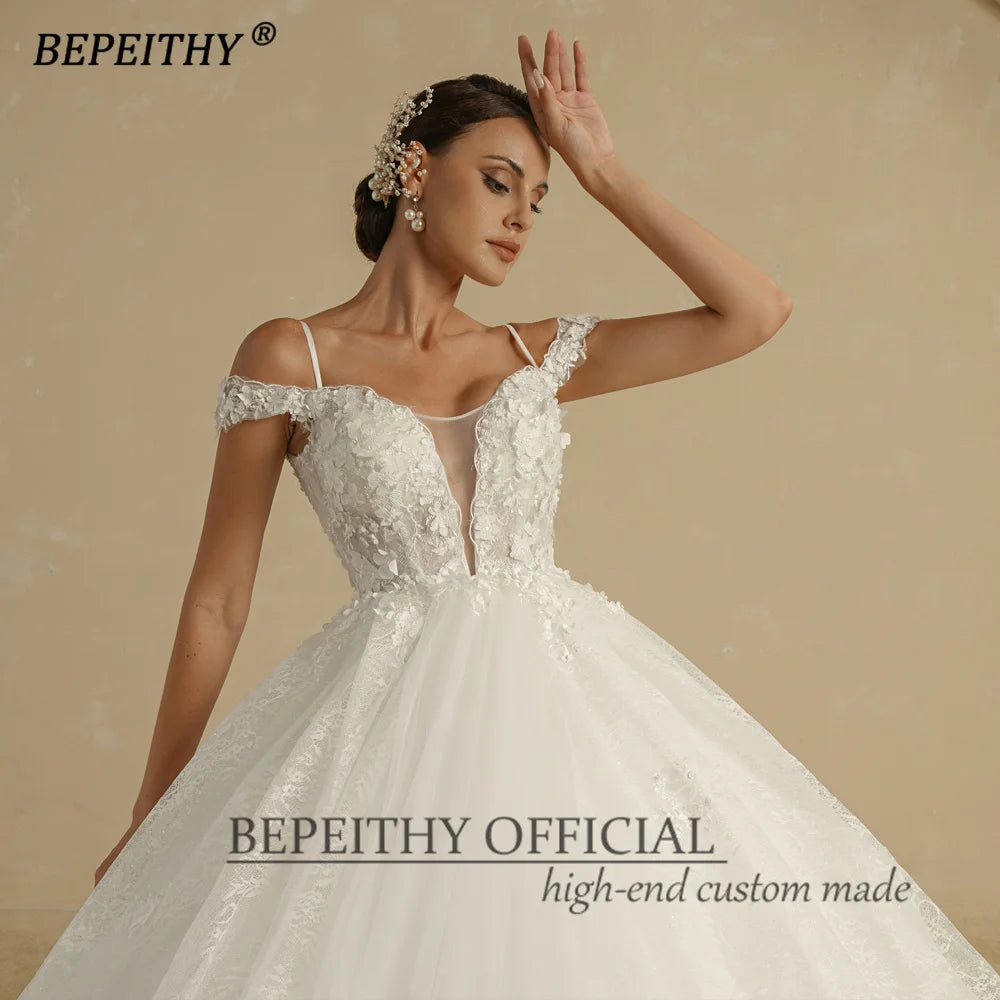 BEPEITHY Bride Ivory Princess Wedding Dresses Off The Shoulder Empire Lace Flower White Bridal Gown For Women 2022 Sleeveless