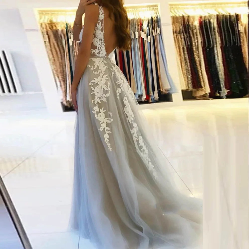 BEPEITHY V Neck Long Prom Dresses 2023 For Women Sexy Grey Summer Back Lace White Lace Dubai Evening Party Dress Sans Manches