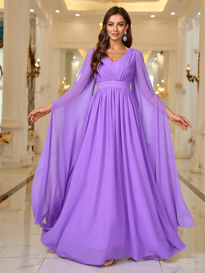 Vestidos de fiesta de boda elegantes de color morado con escote en V y capas drapeadas para baile de graduación 2024, nuevos vestidos formales para mujer, vestidos de cena formal