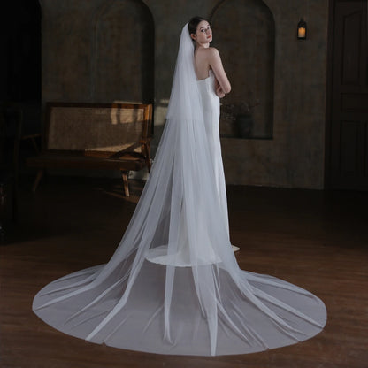 V872 Long White Handmade Bridal Veil for Wedding Dress Tulle Two-Layer Cathedral Brides to Be Veil with Hair Comb