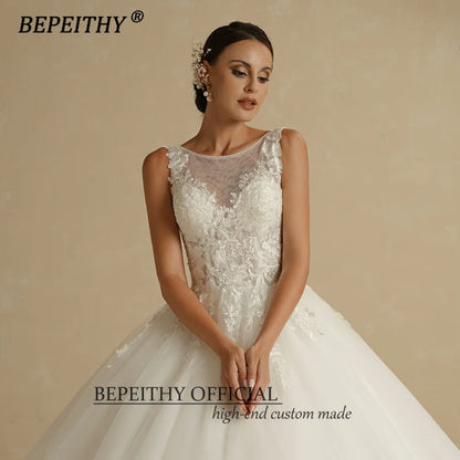 BEPEITHY Scoop Sleeveless Ivory Princess Wedding Dresses 2023 For Women Bride White Lace Vintage Court Train Bridal Ball Gown