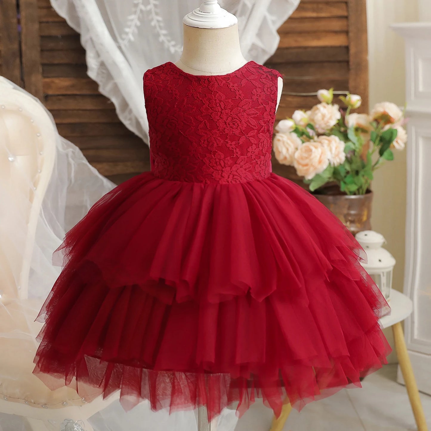 Flower Girl Dresses for Wedding Kids Lace Backless Tulle Tutu  Princess Prom Party Clothes Baby 1st Birthday Baptism White Dress