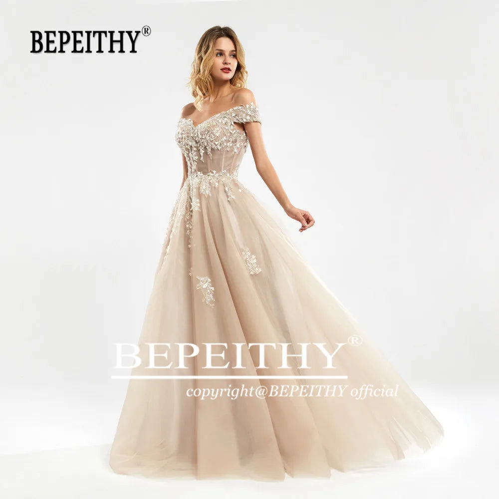 BEPEITHY Off The Shoulder Lace Evening Dresses Long For Women 2023 Champange A-Line Sleeveles Prom Gown Reception Elegant