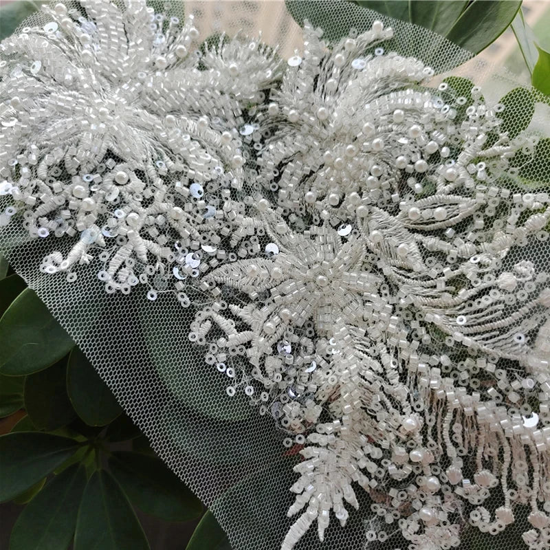 Collar de encaje con aplicación de flores en 3D, tela de encaje con diamantes de imitación, materiales para manualidades de bordado, accesorios de costura para vestido de novia