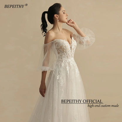 BEPEITHY Shinny Glittle A Line Skirt Ivory Wedding Dresses For Women With Puff Sleeves Sexy Sweetheart Lace Bridal Gown 2022