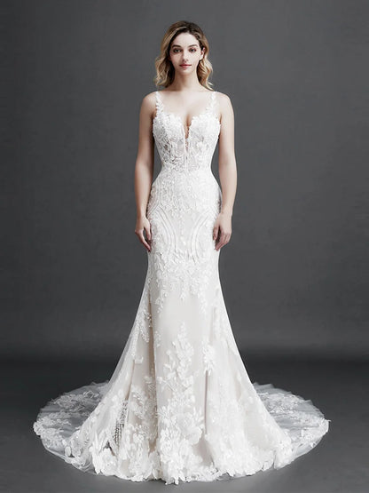 Robe de mariée sirène bohème pour femme, fleurs 3D, appliques de perles, décolleté en V profond, sans manches, dos nu, sexy, slim, ligne A, longues robes