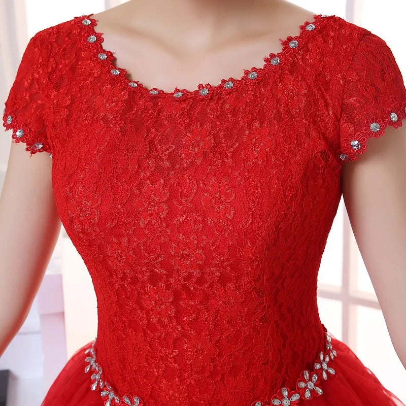 Vestidos de novia de talla grande, foto real, rojo, blanco, encaje, cuello redondo, lentejuelas, vestidos de novia baratos, vestidos de novia princesa, HS587