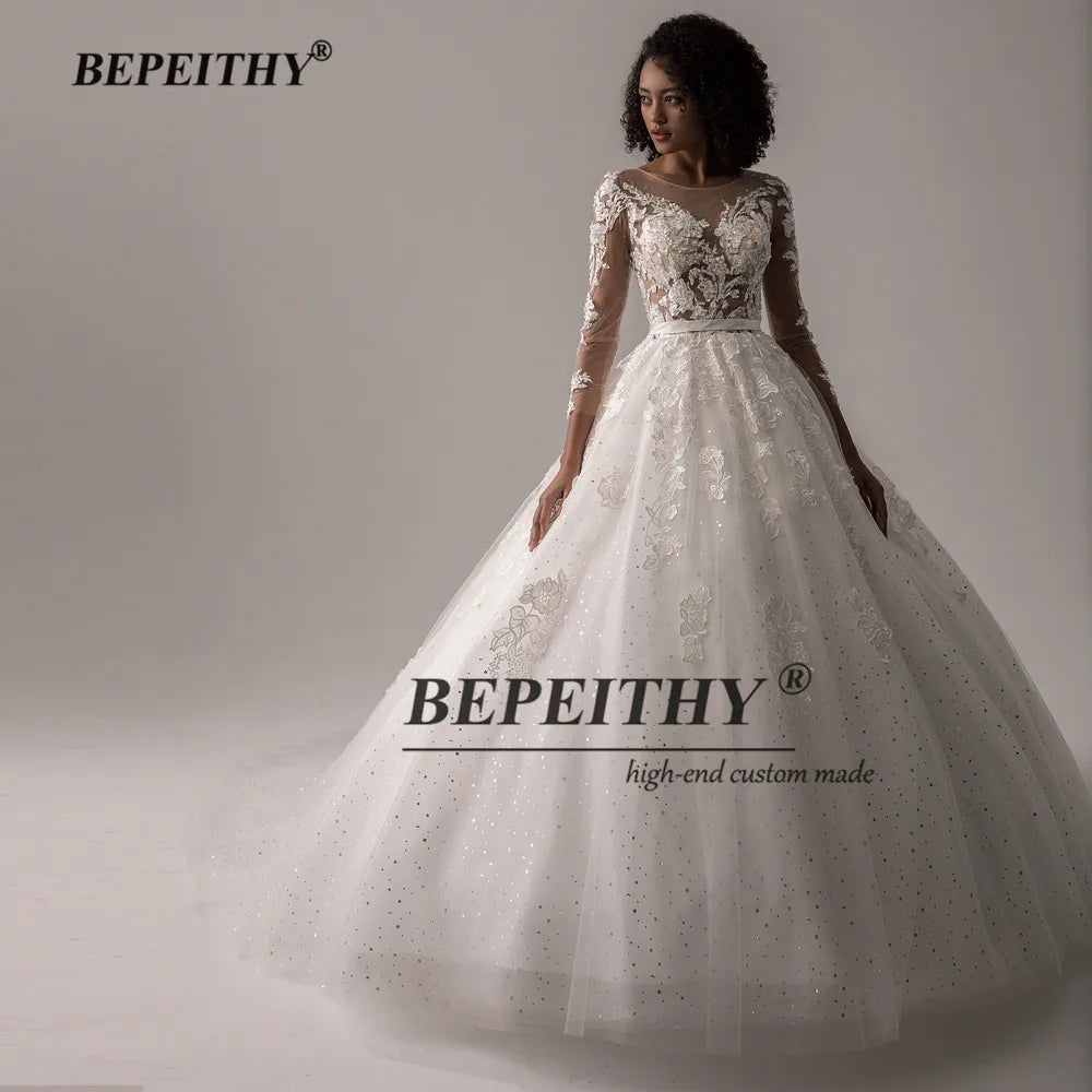 BEPEITHY Vestido de novia con escote en O y manga larga de tul brillante para mujer, vestido de novia estilo princesa, vestido de novia exquisito