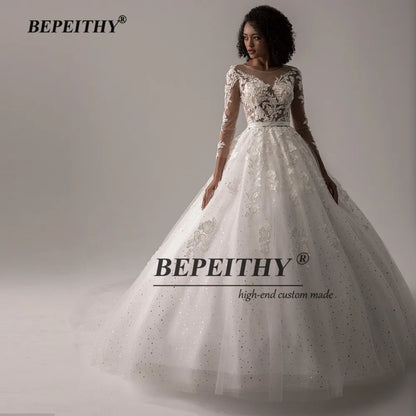 BEPEITHY O Neck Ball Gown Wedding Dresses For Women Glitter Tulle Full Sleeves Princess Bridal Gowns Exquisite Wedding Dress