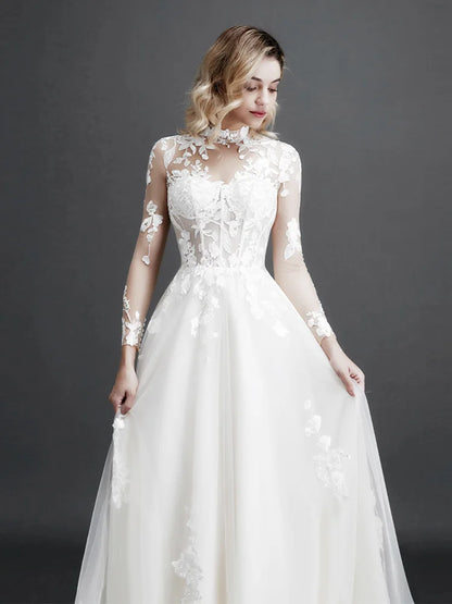 Robe de mariée en dentelle à manches longues pour femme, style bohème rétro, nouvelle collection 2024, fleurs 3D appliquées, robes de soirée élégantes pour bal de fin d'année