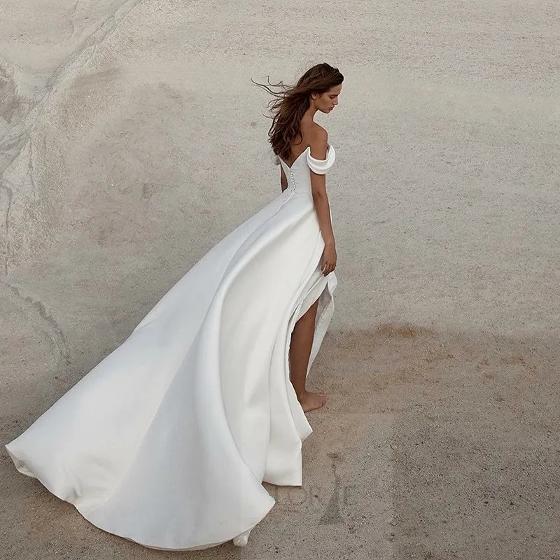 LORIE Robe de mariée en satin doux A-Line sans manches à épaules dénudées Robe de mariée longue traîne Robe de soirée de mariage 2023