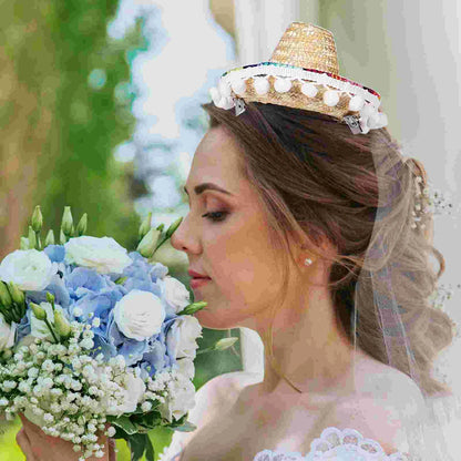 Chapeau de paille boule de cheveux voile robes de mariée pour enterrement de vie de jeune fille longs voiles mariées mini mariée tissu Miss