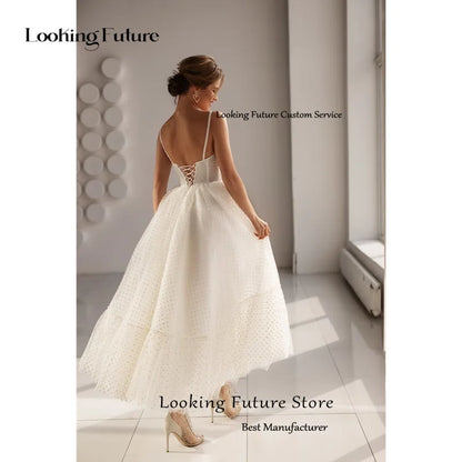 Simple A-Line Tulle Wave dot Wedding Dress Sleeveless Strapless Bridal Gowns Sexy Spaghet Strap Backless Lace Up Ankle-Length