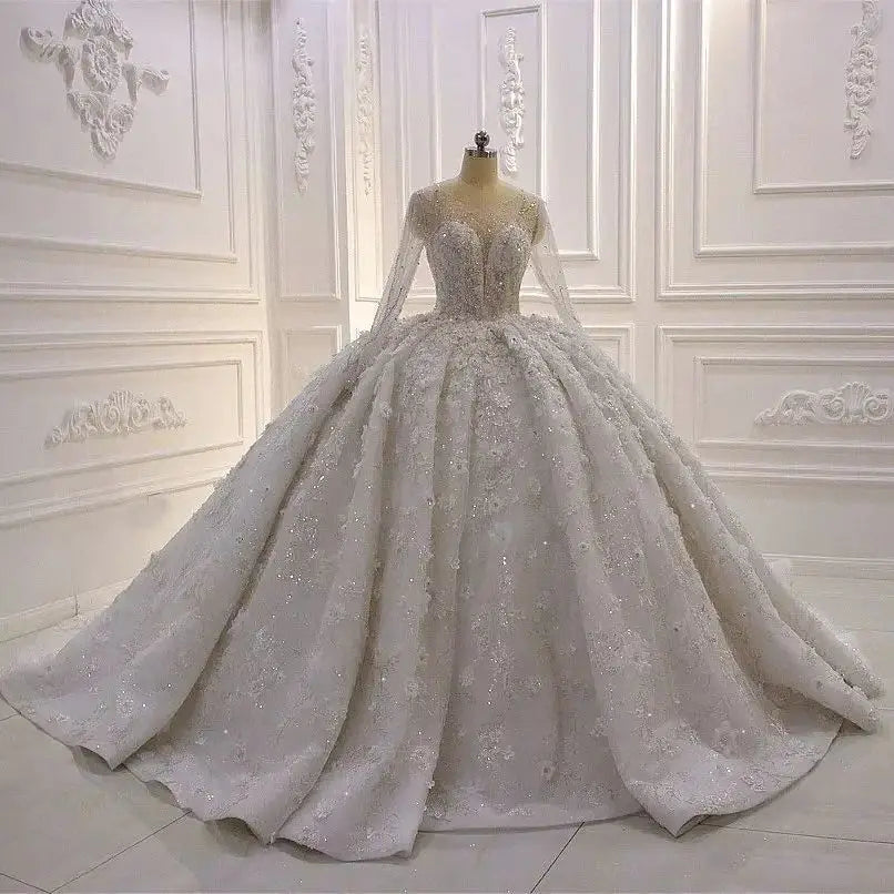 Exquisitos vestidos de novia florales de manga larga con apliques de cuentas brillantes para novias 2024, vestidos de mujer hechos a medida