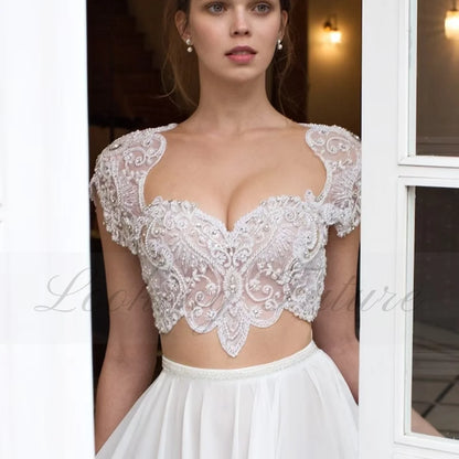 Vestido de novia de gasa con encaje bohemio, corte en A, sin mangas, escote corazón, para mujer, 2024, lujoso, bordado de perlas, vestido de novia