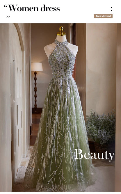 New Arrived Green Color Halter Neck A-Line Luxury Evening Dresses 2024 High-end Texture Beading Gown for Women Wedding Party