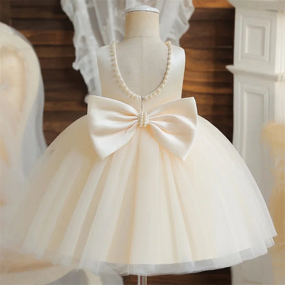 Flower Girl Dresses for Wedding Kids Lace Backless Tulle Tutu  Princess Prom Party Clothes Baby 1st Birthday Baptism White Dress