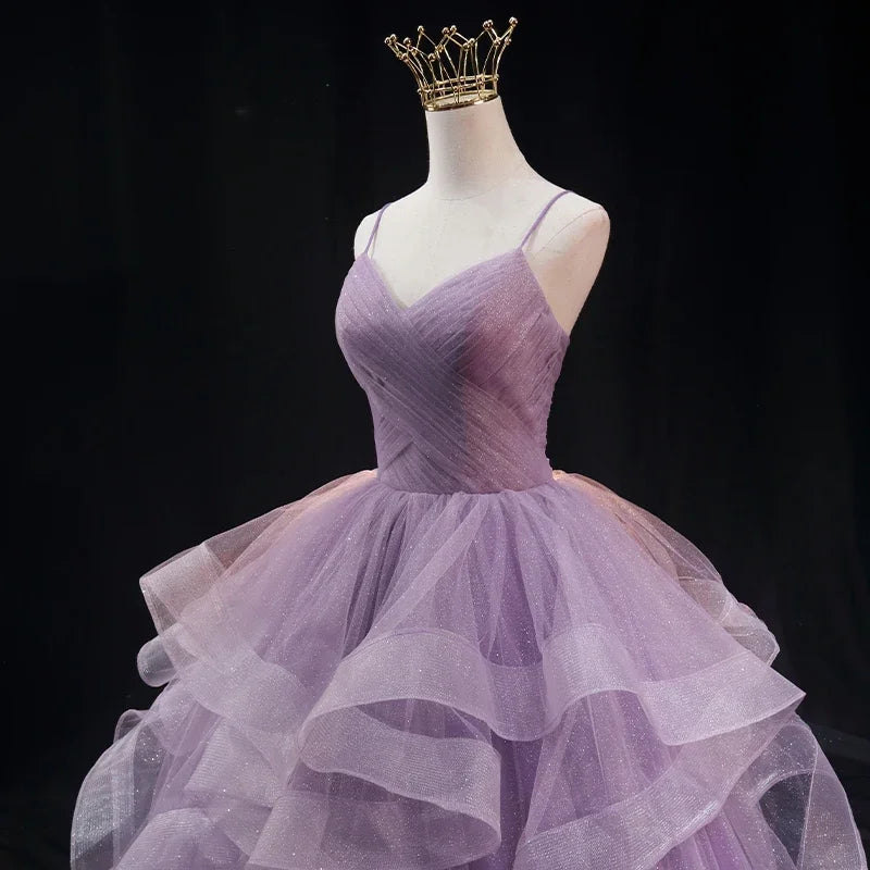 Robe de soirée violette en tulle plissé sans bretelles, sans manches, longueur au sol, grande taille, à lacets, robe de soirée pour femmes B2155