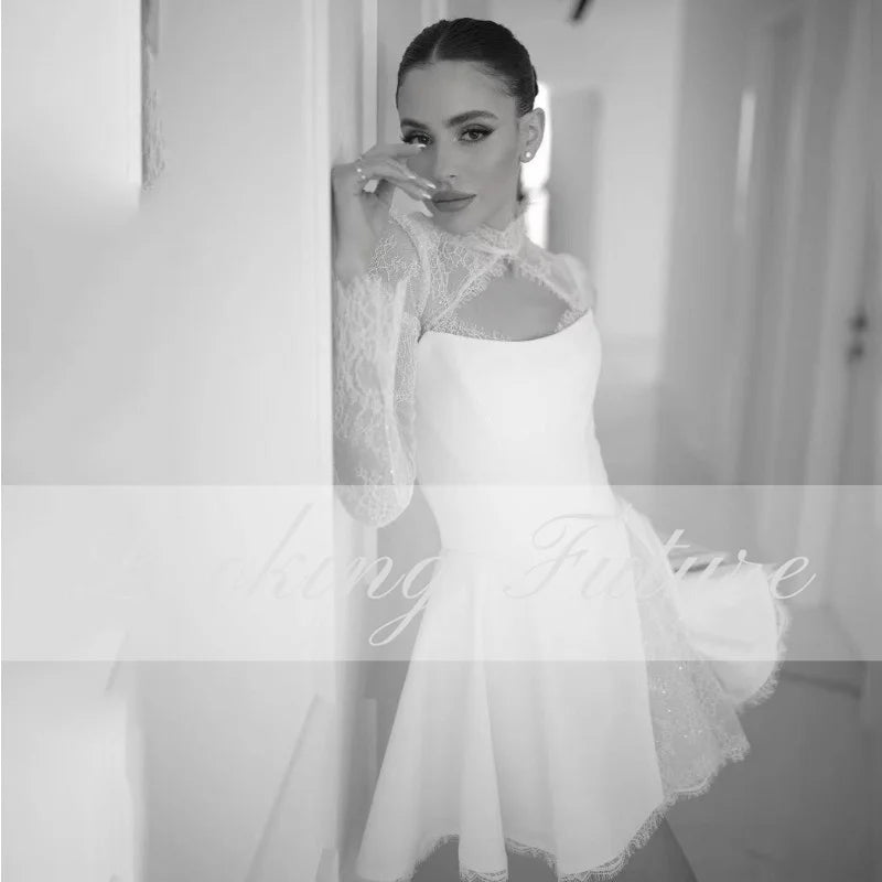 Elegant Lace Short Wedding Dresses Strapless Full Sleeve Mini Bride Dresses Anove Knee 2024 Sexy Tassel Formal Wedding Gowns